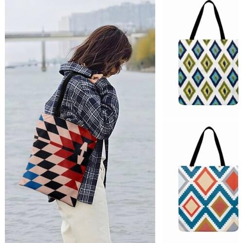 Ladies Shoulder Bags Retro Ikat Geometric Painting Print Tote Bag For Women Casual Totes Fashion Shopping Bag Outdoor Beach Bag