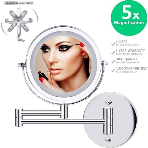 LED Wall Mounted Makeup Mirror, 1X/5X Magnifying 360° Rotatable illuminated Extendable Double-Sided Swivel Mirror Powered by B
