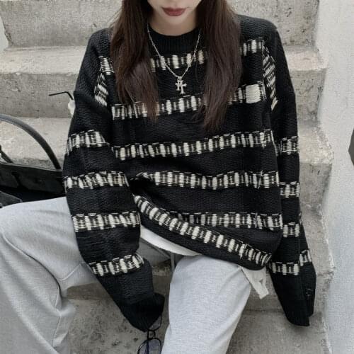 Oversized Sweater Women Vintage Stripe Crew Neck Long-Sleeve Knitwear Lazy BF Style Harajuku Y2k Pullover Tops Autumn-Winter New