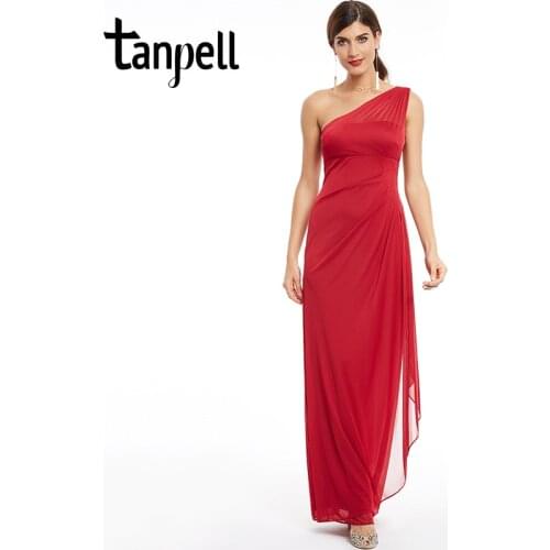 Tanpell one shoulder evening dress burgundy ruched chiffon sleeveless zipper up dresses women prom straight long evening dress