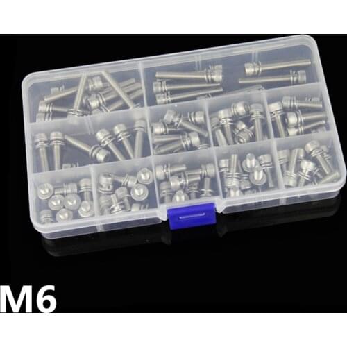 50pcs M6 Screw 304 Stainless Steel Hexagon Screw Bolt with Washer Spring Pad Flat Pad Kit One Box