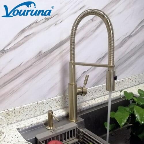 VOURUNA Spring Pull Down Kitchen Faucet One-Handle High Arc Solid Brass Faucet Nickel&Brushed Golden/Matte Black
