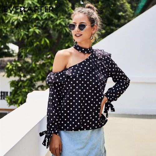 EVERAFTER Sexy off shoulder polka dot blouse shirt women balck ruffle vintage chiffon blouse Sexy bow female autumn blouses 2019
