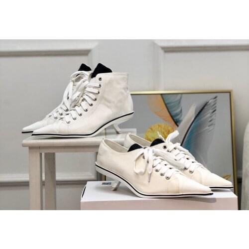 Printed cotton high heel sneakers autumn and winter new cat with pointed toe lace-up canvas shoes lady canvas heels top quality