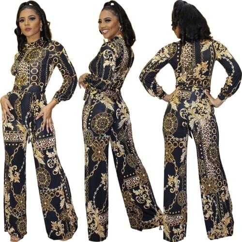 Fashion Gold Chain Print Long Sleeve Women Jumpsuit Elegant Wide-leg Lady Office Casual Work Wear Romper Party Club Playsuits