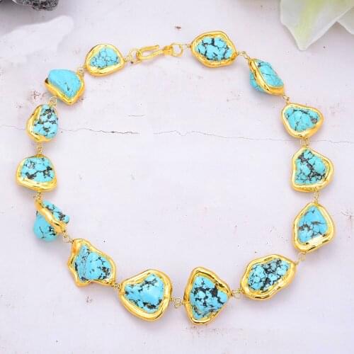 Blue Howlite With Gold Color Plated Edge Strand Necklace Choker Necklace Ethnic Style For Women 18"