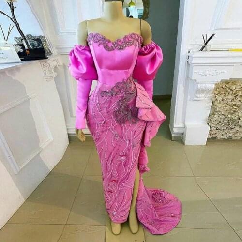 Hot Pink Off Shoulder Evening Dresses With Long Sleeves Beads Side Split Long Sleeves Aso Ebi Prom Dress Arabic vestidos formale