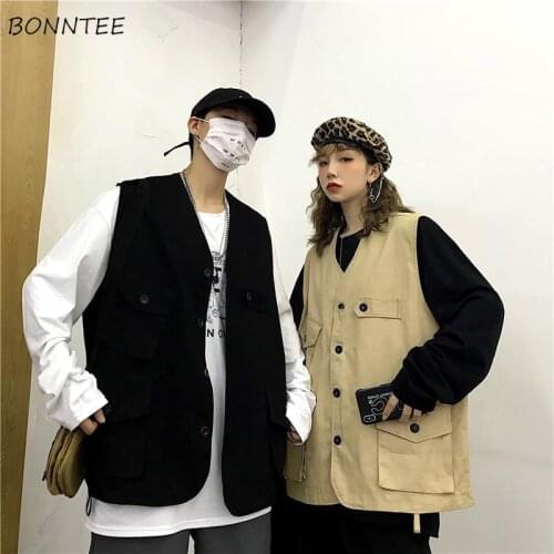 Vests Women Solid Pockets Single Breasted Creativity Leisure All-match Prevalent Korean Style Loose Couple Waistcoats Harajuku