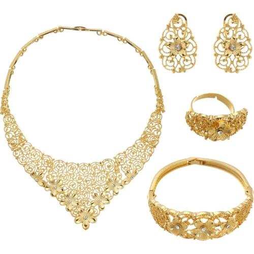 Dubai Gold Jewelry Sets African Bridal Wedding Gifts for Women Saudi Arab Necklace Bracelet Earrings Ring Jewelry Set