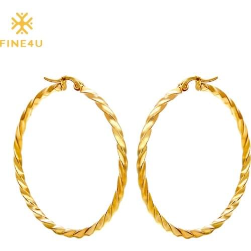 2018 New FINE4U E007 316L Stainless Steel Hoop Earrings Round Circle Twisted Earrings For Women Wedding Jewelry