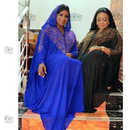 2020 New African Design Bazin Chiffon Long Stick Diamond Sleeve Dashiki Dress For Lady