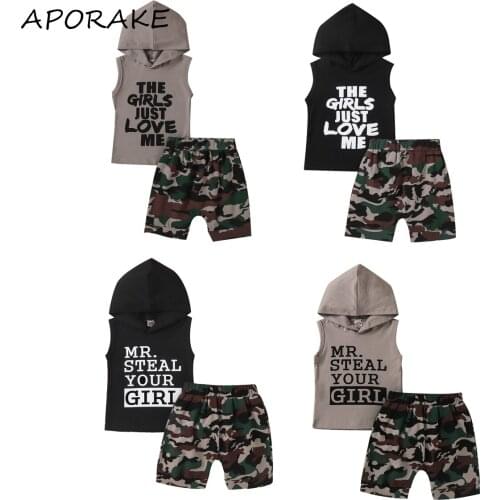 2021 1-6Y Kids Boys Clothing Summer Vest and Shorts Suit Fashion Letter Hooded Sleeveless Tops and Camouflage Short Pants 2pcs
