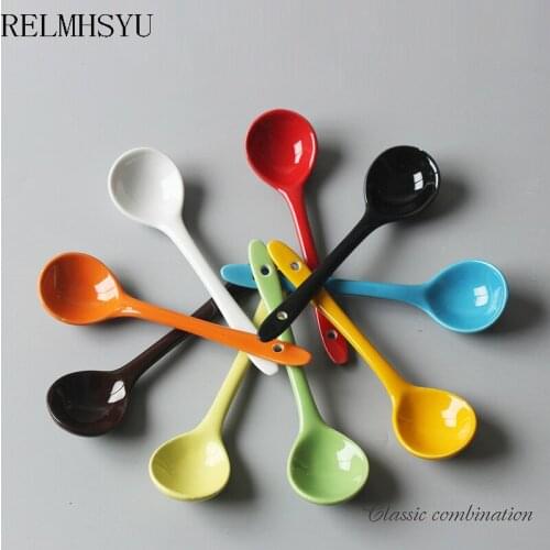 3PCS RELMHSYU Nordic Style Colorful Ceramic Small Soup Spoons White Soup Water Dinner Spoons Wholesale