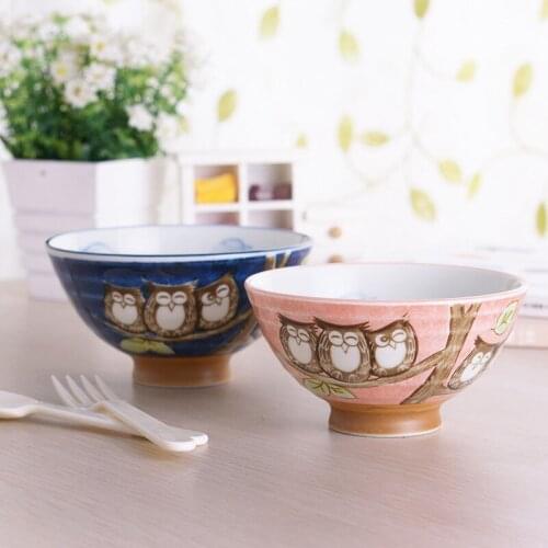 4.5 Inch Made In Japan Ceramic Bowls Rice Dinner Food Container OWL Rabbits Cartoon Printed Under Glazed Cutlery Bowl Blue Pink