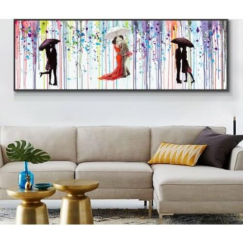 Abstract Lovers Kiss Under Umbrellas In The Rain Oil Painting On Canvas 100% Hand Painted Wall Art For Living Room Decoration