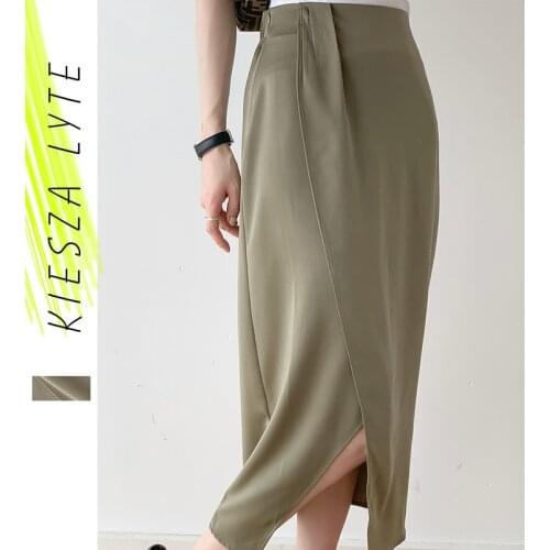 French Style Satin A-line Skirt for Women Summer 2021 Vintage Bandage High Waist Asymmetric Slit Satin Skirts
