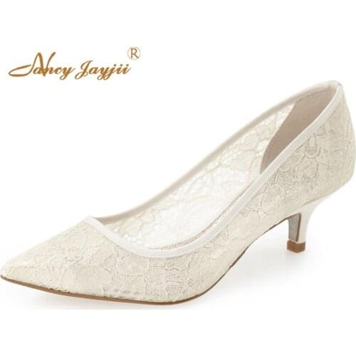 White Lace Kitten Thin Heels Pointy Toe Wedding Shoes Pumps Woman Slip On Large Size 11 15 Elegant Dress Fashion Customization