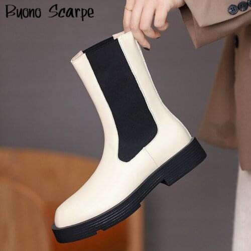 Designer Genuine Leather Boots Womens Chelsea Ankle Boots Flat Elastic Comfortable Autumn Winter Shoes Slip On Round Toe Botas