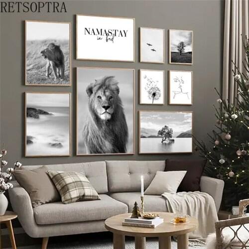 Black and White Wall Art Pictures Africa Landscape Wild Animals Tree Print Poster on Canvas Paintings Home Decor