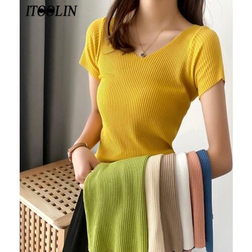 ITOOLIN 2020 Summer Women Knitting Tops Girls V-neck Basic Sexy Slim Fit T-shirt Short Sleeve T-shirts Elastic Tees For Woman