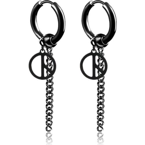 KOFSAC New Fashion Peace Label Tassel Chain Earrings For Men Women Party Titanium Steel Not Perforated Earring Christmas Jewelry