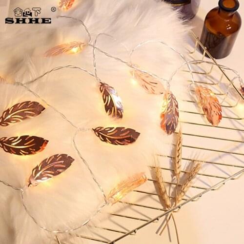 Copper Metal 10 LED Rose Gold Light Feather Shaped Lantern String Lights for Bedroom Battery Powered