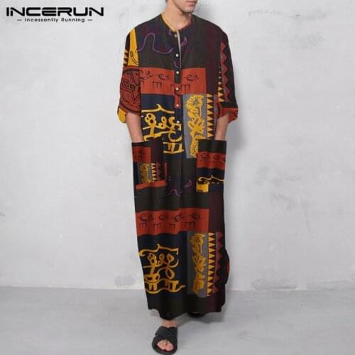 Muslim Men Jubba Thobe 2021 Ethnic Printing Long Sleeve Pockets Cotton Robes Casual Caftan Dubai Men Islamic Arab Kaftan INCERUN