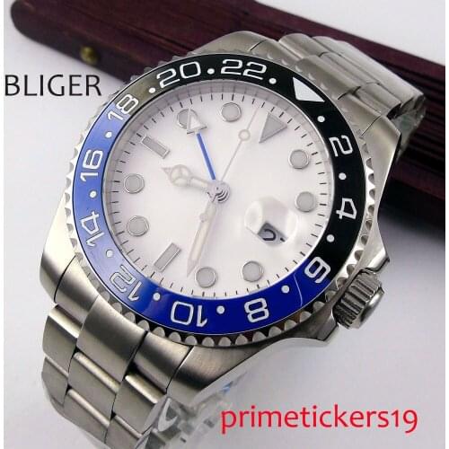 Automatic 40mm white dial BLIGER sapphire glass black&blue bezel date mental bracelet GMT mens watch 359