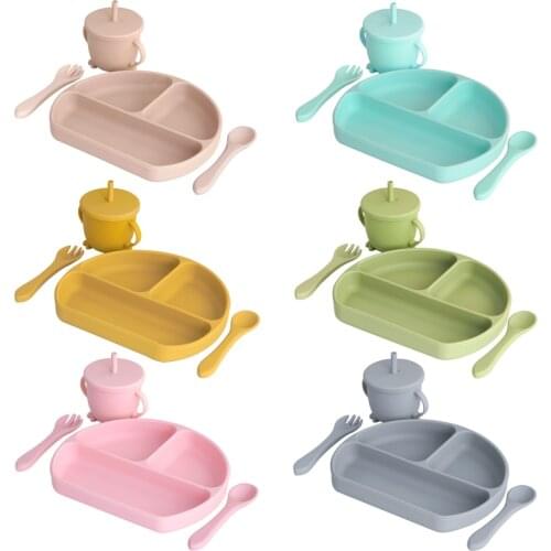 4PCS/Set Childrens Silicone Tableware Set With Lid Fresh-Keeping Feeding Fork Spoon Learn To Drink Cup Food Grade Silicone