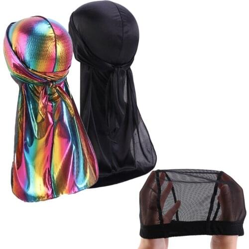 2pcs Silky Durags Pack for Men Waves Laser Doo Rag Award 1 Wave Cap mesh dome hat Inside Men Durag Wave Caps Hair Accessories
