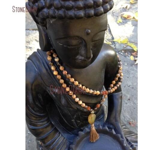 40 inch Long 108 Beads Mala Necklace Hand knotted Picture Jaspers & Rudraksha Seed Nurturing Protective Yoga Necklace NM10973