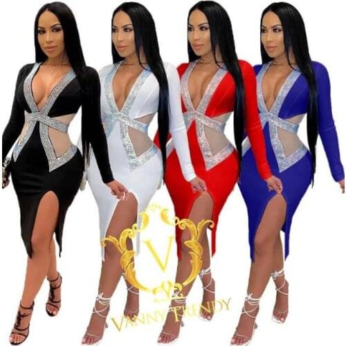Sexy Sheer Mesh Sequin Patchwork Evening Party Club Midi Dress Women 2021 Elegant Long Sleeve V Neck High Split Dresses Vestidos