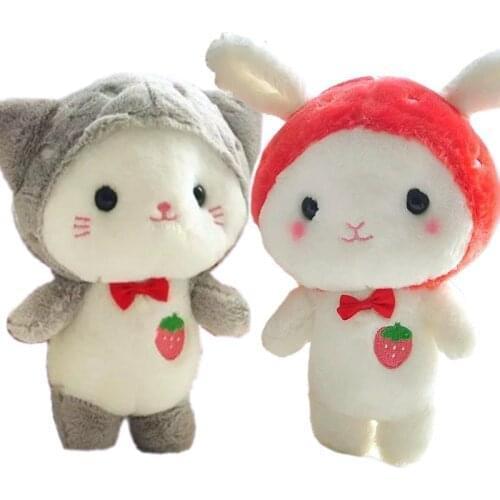 Plush Cat Toy Soft Stuffed Cartoon White Cat with Strawberry Hat Doll Bunny Cuddly Doll Kids Toys toys for children