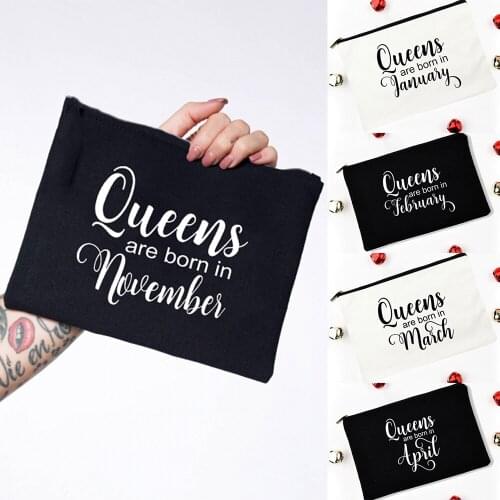 Queens Are Born In Months Fashion Makeup Cosmetic Bag Canvas Harajuku Travel Jewelry Organizer Zipper Pouch Birthday Gift Purse