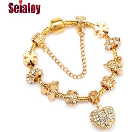 Seialoy New Golden Shiny Heart Beads Charm Bracelets For Women Original Lucky Carriage Butterfly Beads Valentines Day Gift