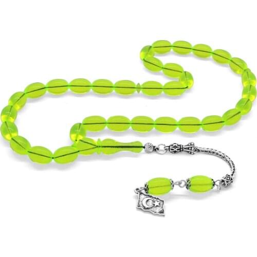 Tesbihane 925 Sterling Silver Tassels Special Cut Fiberglass Airplane Glass Emerald green Rosary