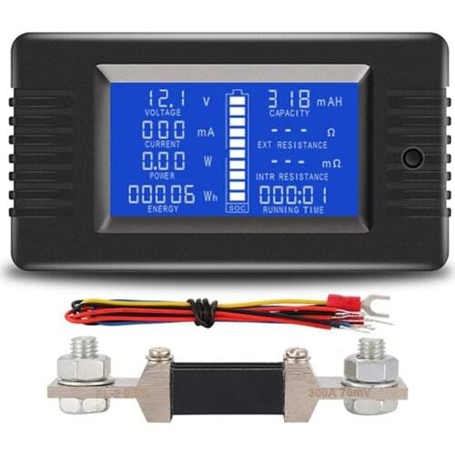 Battery Tester DC Voltage Current Power Capacity Internal External Resistance Residual Electricity Meter with 300A Shunt