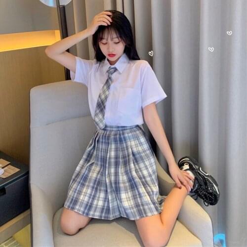 Japanese College JK Uniform Polo Collar Short-Sleeved Shirt + High Waist Plaid Pleated Skirt Suit Female Summer school uniform