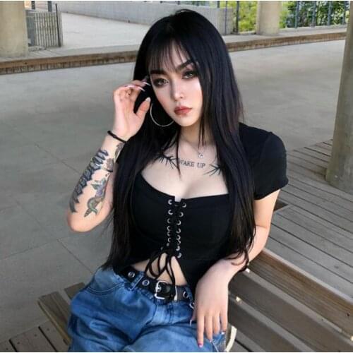 Goth Women Dark Stretch Short T-shirt Harajuku Navel Exposed Top Short Sleeve Womens Fashion Bandage Sexy Black T-shirt New