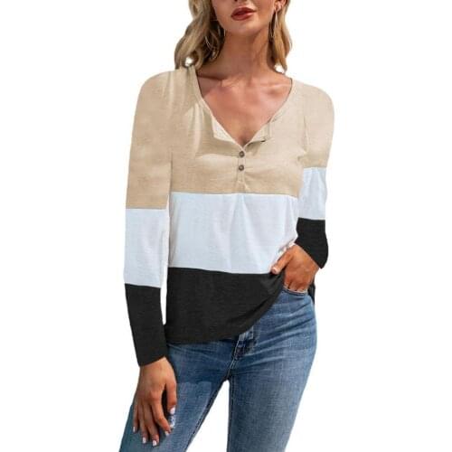 Women T-Shirts Splicing Contrast Colors Vintage Sweatshirt Long Sleeve V Neck Stripe T-shirt Stylish Tops Casual Tees Autumn