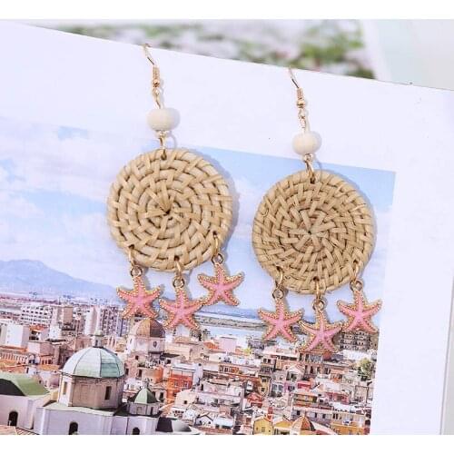 2019 Fashion Boho Handmade Round Rattan Knit Drop Earrings For Women Trendy Bohemian Metal Star Starfish Hanging Earring Jewelry
