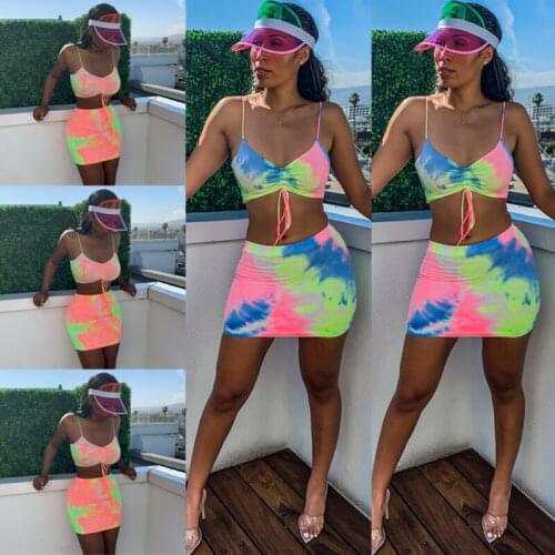 Women 2 PCS Set Sexy Strap Colorful Bra Lace-up Tank Vest Crop Tops Bodycon High Waist Pencil Skirt Set Holiday Party Mini Skirt