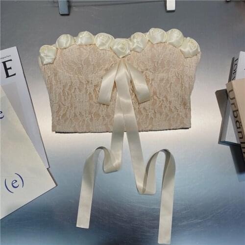 2021 Summer Female French Lace Embroidered Tube Top Camisole 3D Flower Bowknot Sweet Sexy Crop Tops Wrapped Chest With Pad Y1430