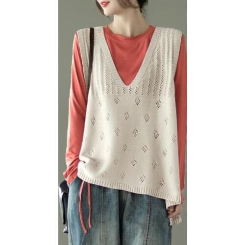Loose And Thin Retro Pullover Vest Spring And Autumn New Literary Solid Color Hollow V-neck Sleeveless Knit Ladies Waistcoat Y2k