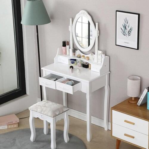 Women Dressing Table With Stool 4 Drawers Bedroom Makeup Desk Oval Mirror 75 x 40 x 145 cm Fiberboard Wood Desk Furniture HWC