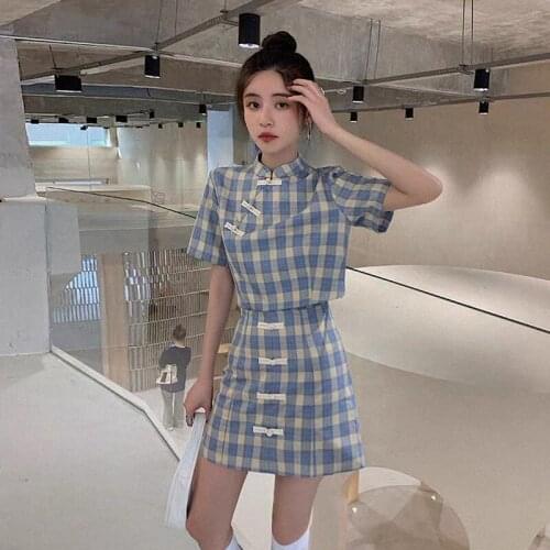 2021 vintage 2 piece traditional chinese women plaid mandarin collar dress vintage lady qipao cheongsam improved party dress