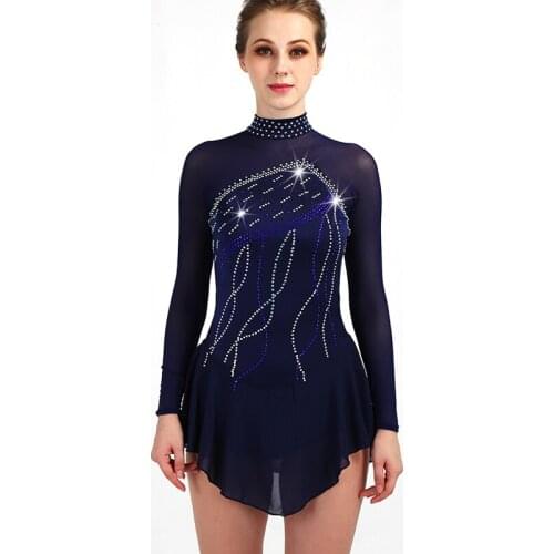 New Modern Ice Skating Dance Performance Stage Clothes Female Elegant Long Sleeve Shiny Crystal Blue Dress Custom Made DQL3297