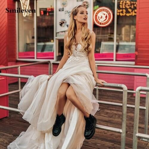 Smileven Ivory Siny Glitter Boho Wedding Dresses A Line Appliqued Lace Bridal Dress Vestido de novia 2021 Princess Wedding Gowns