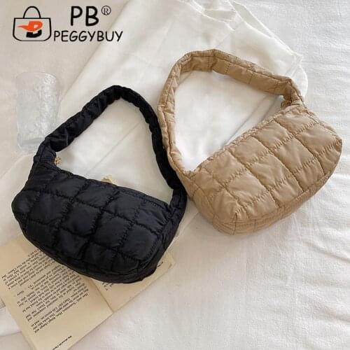 Winter Women Down Feather Shoulder Bags Soft Lattice Pattern Zipper Underarm Bags Small Zipper Plain Subaxillary Bags