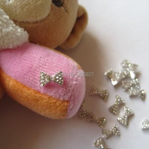MD-75 10pcs Fancy All Crystal Rhinestone Silver Bow Metal Charms Metal Deco Charms Nail Art